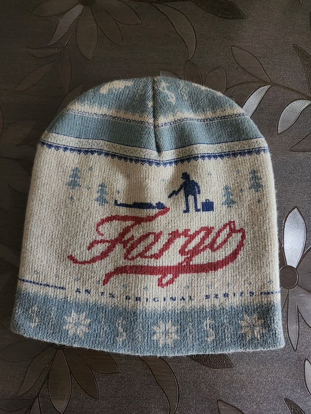 Fargo Promotional Knit Beanie - Cream & Light Blue with Red Accent New No Tag